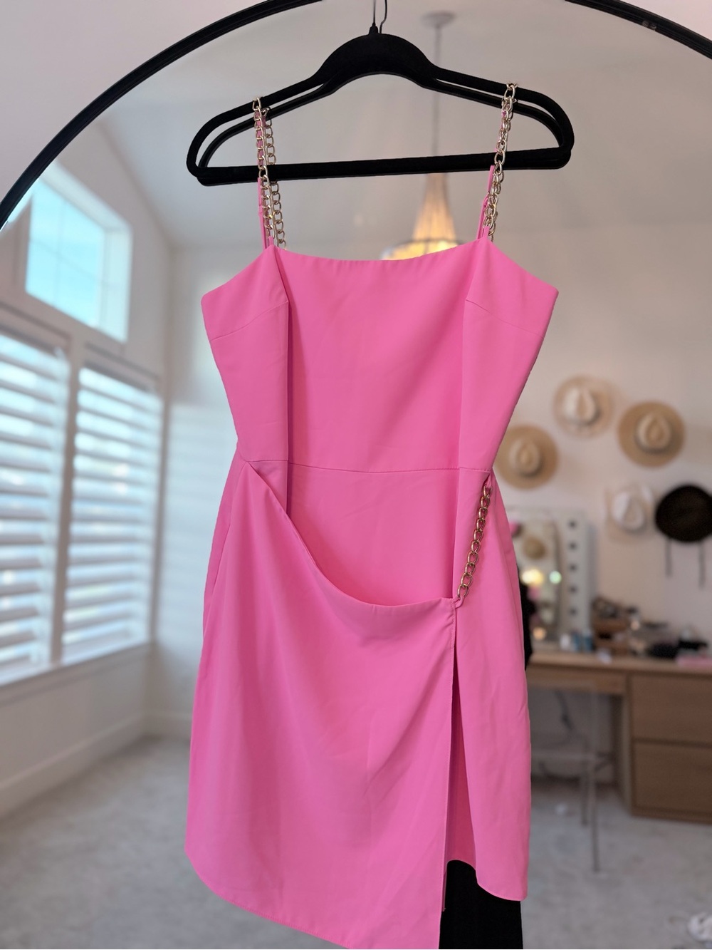 Amanda Uprichard Stilla Hot Pink Mini Dress with Gold Chain Straps